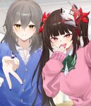  2girls alternate_costume blue_cardigan blunt_bangs blurry blurry_background blush bow bowtie bureoeve cardigan collared_shirt commentary double-parted_bangs fox_mask green_bow green_bowtie gyaru_v hair_between_eyes hair_ribbon highres honkai:_star_rail honkai_(series) indoors long_hair looking_at_viewer mask mask_on_head multiple_girls nail_polish open_mouth pink_eyes pink_sweater purple_nails red_nails red_ribbon ribbon school_uniform shirt sidelocks smile sparkle_(honkai:_star_rail) stelle_(honkai:_star_rail) sweater trailblazer_(honkai:_star_rail) twintails upper_body v white_shirt 
