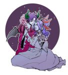  2girls asellus_(saga_frontier) back_bow bat_wings black_sclera bow colored_sclera demon_horns dress feather_hair_ornament feathers floral_print gina_(saga_frontier) gloves hair_ornament high_collar high_ponytail holding_hands horns long_hair multiple_girls purple_hair saga saga_frontier scar scar_on_cheek scar_on_face short_hair simple_background white_gloves wings yukoiuko 