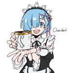  1girl :d black_dress black_ribbon blue_hair breasts chandeul_(sonchandeul) cup dress hair_ornament hair_over_one_eye hair_ribbon hairclip hands_up holding holding_cup large_breasts maid maid_headdress neck_ribbon pink_ribbon re:zero_kara_hajimeru_isekai_seikatsu rem_(re:zero) ribbon short_hair simple_background smile solo teeth upper_body upper_teeth_only violet_eyes white_background white_dress 