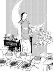  1boy book book_stack chinese_clothes chinese_spoon crescent cup flower formosa_oolong_tea greyscale kiya_chang li-chung_sheng long_hair male_focus monochrome plant plate ponytail potted_plant solo standing table tea teacup teapot 