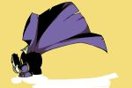  armor baconpal cape holding holding_mask kirby&#039;s_adventure kirby_(series) mask meta_knight pauldrons shoulder_armor solid_oval_eyes solo standing unworn_mask yellow_background 