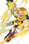  &gt;_&lt; 1girl agent_4_(splatoon) black_footwear black_shorts blonde_hair grin headgear hero_shot_(splatoon_2) highres holding inkling inkling_girl inkling_player_character jacket koike3582 large_shoes long_sleeves orange_eyes shoes short_hair shorts simple_background smile solo splatoon_(series) splatoon_2 suction_cups tentacle_hair twitter_username v-shaped_eyebrows white_background yellow_jacket zapfish 