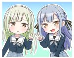  2girls absurdres bang_dream! bang_dream!_it&#039;s_mygo!!!!! black_ribbon blue_hair blue_shirt blue_skirt blush border brown_eyes commentary gradient_background green_hair grey_neckerchief hair_ornament hair_ribbon hairclip highres kana_(user_wyka3887) long_hair looking_at_viewer multiple_girls neckerchief open_mouth outline plaid plaid_skirt pleated_skirt ribbon sailor_collar school_uniform serafuku shirt sidelocks skirt togawa_sakiko tsukinomori_school_uniform very_long_hair wakaba_mutsumi white_border white_outline white_sailor_collar yellow_eyes 