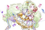  1girl closed_mouth commentary_request cowboy_shot dress forehead_jewel frilled_dress frills green_hair headphones holding holding_scepter jewlie_(pripara) long_hair looking_at_viewer low-tied_long_hair pretty_series pripara priticket puffy_short_sleeves puffy_sleeves scepter short_sleeves simple_background smile solo standing translation_request very_long_hair violet_eyes white_background yadehi 