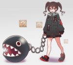  1girl ?_block bad_id bad_twitter_id black_footwear brown_eyes brown_hair chain chain_chomp coat commentary_request crossover drawstring frown full_body green_coat grey_background hair_between_eyes highres holding holding_chain hood hood_down hooded_coat idolmaster idolmaster_cinderella_girls inactive_account long_hair long_sleeves looking_at_viewer mask mask_pull mouth_mask open_mouth ruru_ashihara sharp_teeth shoes sleeves_past_wrists solo standing sunazuka_akira super_mario_bros. surgical_mask teeth twintails walking 