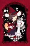  1girl ace_(playing_card) ace_of_hearts apple blue_eyes border card cerika chess_piece chessboard detached_sleeves dot_nose dress eyelashes flower food fruit hat hat_flower heart highres long_dress looking_at_viewer one_eye_closed original playing_card queen_(chess) red_apple red_border red_hat rose short_hair sleeves_past_fingers sleeves_past_wrists solo white_flower white_rose witch_hat 