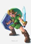  blonde_hair blue_eyes boots brown_footwear green_skirt green_tunic highres hylian_shield leather leather_belt leather_boots link open_mouth phrygian_cap pointy_ears shield skirt takapon-o-ji the_legend_of_zelda the_legend_of_zelda:_majora&#039;s_mask young_link 
