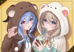  2girls :o absurdres alternate_costume animal_hood artist_name blonde_hair blue_eyes blue_hair blue_ribbon brown_pajamas commentary crossed_bangs cup disposable_cup drinking_straw firefly_(honkai:_star_rail) ganyu_(genshin_impact) genshin_impact goat_horns hair_between_eyes hand_up hands_up harukix highres holding holding_cup honkai:_star_rail honkai_(series) hood hood_up hooded_pajamas horns long_hair long_sleeves looking_at_viewer mihoyo milkshake multicolored_eyes multiple_girls neck_ribbon open_mouth open_pajamas orange_ribbon pajamas pink_eyes pom_pom_(clothes) ribbon shirt upper_body violet_eyes white_pajamas white_shirt 