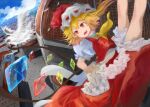  1girl ascot bird blonde_hair blue_sky city cityscape cowboy_shot crystal_wings dress fang flandre_scarlet hat mob_cap open_mouth outdoors psyren2 red_dress red_eyes red_ribbon ribbon side_ponytail sky solo touhou yellow_ascot 