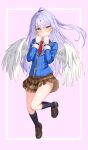  1girl :o alternate_costume angel angel_beats! angel_wings black_footwear black_socks blue_jacket blush bright_pupils brown_skirt clothes_lift collared_shirt commentary_request company_connection eyelashes eyes_visible_through_hair feathered_wings floating_hair flying full_body hair_between_eyes hair_over_shoulder hands_up heaven_burns_red highres jacket key_(company) kneehighs knees_together_feet_apart loafers long_hair long_sleeves looking_at_viewer miniskirt necktie open_mouth plaid plaid_skirt pleated_skirt ponytail red_necktie school_uniform shirt shoes sidelocks skirt skirt_lift socks solo straight_hair tachibana_kanade thighs tsurime umeshiba_(eleventhdolls) very_long_hair white_hair white_shirt white_wings wings yellow_eyes 