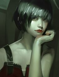  1girl absurdres asian ben_lo black_camisole black_eyes black_hair camisole collarbone english_commentary hand_on_own_chin highres looking_at_viewer original realistic red_lips short_hair smile solo 