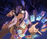  1boy animal_ears animal_hat black_choker black_gloves black_hat black_ribbon card choker commentary cyno_(genshin_impact) dark-skinned_male dark_skin egyptian_clothes electricity english_commentary fake_animal_ears fingerless_gloves floating_card genius_invokation_tcg genshin_impact gloves hand_on_headwear hand_up hat hat_over_one_eye hat_ribbon highres jackal_ears long_hair looking_at_viewer male_focus niluhong one_eye_covered outstretched_arm outstretched_hand parted_bangs parted_lips playing_card red_eyes ribbon smile solo swept_bangs upper_body usekh_collar v-shaped_eyebrows white_hair 