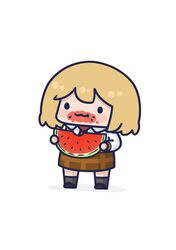  1girl :3 absurdres black_eyes black_footwear blonde_hair bob_cut chibi chibi_only collared_shirt commentary eating food food_on_face fruit grey_socks highres holding holding_food holding_fruit holding_watermelon hololive hololive_english legs_apart long_sleeves necktie phdpigeon red_necktie shadow shirt simple_background smol_ame socks solid_circle_eyes solo standing watermelon watson_amelia white_background white_shirt white_sleeves 