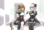  2girls :d assault_lily belt black_flower black_hairband black_pantyhose black_ribbon black_skirt blunt_bangs bow braid breasts chest_belt closed_mouth commentary feet_out_of_frame flower frilled_skirt frills gloves grey_belt grey_hair hair_ribbon hairband hand_on_lap hands_up heterochromia high-waist_skirt highres holographic_interface hood hood_down imai_seira indoors juliet_sleeves kou_no_hana leg_warmers long_hair long_sleeves looking_at_another looking_to_the_side low_ponytail medium_breasts miniskirt multiple_girls neck_ribbon open_mouth pantyhose partially_fingerless_gloves pleated_skirt ponytail puffy_sleeves purple_flower red_eyes red_flower red_gloves ribbon school_uniform shirt short_sleeves single_thighhigh sitting skirt smile thigh-highs twin_braids twintails underbust urutsu_sahari very_long_hair white_background white_bow white_shirt yellow_eyes yurigaoka_girls_academy_school_uniform 