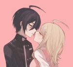  1boy 1girl ahoge akamatsu_kaede black_hair black_jacket blonde_hair blush danganronpa_(series) danganronpa_v3:_killing_harmony facing_another fu_ga_(vivi912912) hair_ornament hetero highres imminent_kiss jacket long_hair musical_note musical_note_hair_ornament pink_background pink_sweater_vest saihara_shuichi short_hair simple_background striped_clothes striped_jacket sweatdrop sweater_vest 