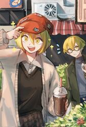  1boy 1girl :3 blonde_hair blue_sweater brown_hat brown_pants brown_sweater_vest bush cabbie_hat cardigan collared_shirt condenser_unit cup don_quixote_(project_moon) green_jacket hat holding holding_cup jacket jimdlonlit limbus_company open_mouth pants parted_lips plaid_clothes plaid_pants project_moon round_eyewear shirt sinclair_(project_moon) smile sparkling_eyes sweat sweater sweater_vest upper_body white_cardigan white_shirt yellow_eyes zwei_association_(identity)_(project_moon) 