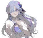  1girl commentary_request fresa_pie grey_hair hair_over_one_eye hand_on_own_chest highres isekai_joucho kamitsubaki_studio long_hair long_sleeves one_eye_covered parted_lips purple_ribbon ribbon shirt simple_background solo upper_body violet_eyes white_background white_shirt 