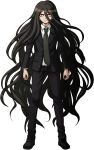  1boy black_footwear black_hair black_jacket black_necktie black_pants chomaeki collared_shirt danganronpa_(series) danganronpa_2:_goodbye_despair danganronpa_3_(anime) formal full_body green_necktie highres jacket kamukura_izuru long_hair necktie pants red_eyes shirt shoes solo very_long_hair 