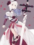  1girl alternate_costume blue_eyes crown_of_thorns dress faust_(project_moon) flower grey_background highres limbus_company long_sleeves long_sword medium_hair project_moon red_flower red_rose rose short_cape skull solo starhoshi sword thorns weapon white_dress white_hair zweihander 