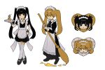  2girls :&lt; :d apron black_dress black_eyes black_hair blunt_bangs broom closed_mouth crossed_ankles dot_nose dress drink frilled_apron frills full_body hand_on_own_hip highres holding holding_broom holding_tray inu_dakisime long_bangs long_dress long_hair looking_at_viewer maid maid_headdress multiple_girls multiple_views open_mouth orange_eyes orange_hair original short_dress simple_background smile standing thigh-highs tray twintails very_long_hair white_apron white_background white_thighhighs zettai_ryouiki 