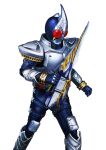 1boy armor blue_bodysuit bodysuit full_armor highres holding holding_sword holding_weapon kamen_rider kamen_rider_blade kamen_rider_blade_(series) male_focus masukudo_(hamamoto_hikaru) red_eyes rider_belt solo spikes sword tokusatsu vambraces weapon white_background