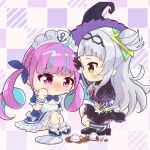  2girls absurdres accident ahoge anchor_symbol arched_bangs black_capelet black_skirt blue_dress blue_hair blue_ribbon blush capelet chibi chibi_only colored_inner_hair dress drill_hair grey_hair grey_thighhighs hair_bun hair_ribbon hairband hand_on_another&#039;s_head hat headpat highres hololive long_hair long_sleeves maid maid_headdress minato_aqua minato_aqua_(1st_costume) miniskirt multicolored_hair multiple_girls murasaki_shion murasaki_shion_(1st_costume) nishi_azuma purple_hair ribbon short_dress side_up_bun single_side_bun skirt squatting streaked_hair striped_clothes striped_thighhighs tearing_up thigh-highs tilted_headwear twin_drills twintails two-tone_hair vertical-striped_clothes vertical-striped_thighhighs violet_eyes virtual_youtuber witch_hat yellow_eyes 