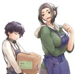  1boy 1girl adashino_ren age_difference apron black_hair blue_apron box breasts brown_eyes brown_hair clenched_teeth closed_eyes collared_shirt commentary_request green_hoodie holding holding_box holding_removed_eyewear hood hoodie huge_breasts kaii_to_otome_to_kamigakushi mole mole_under_eye nujima ogawa_sumireko open_mouth pen semi-rimless_eyewear shirt short_eyebrows sidelocks teeth unworn_eyewear white_background white_shirt 