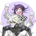  +++ 2boys ^_^ ahoge android arm_belt belt black_scarf border carrying checkered_clothes checkered_scarf closed_eyes commentary_request danganronpa_(series) danganronpa_v3:_killing_harmony dated eyelashes hair_between_eyes holding holding_photo jacket k1-b0 layered_sleeves long_sleeves lowres male_focus mouth_hold multiple_belts multiple_boys oma_kokichi open_belt open_mouth outside_border pants photo_(object) piggyback purple_background purple_hair round_border scarf short_hair signature simple_background sleeves_past_wrists smile sweatdrop teeth thigh_belt thigh_strap torn_clothes torn_scarf trembling two-tone_scarf u_u_ki_u_u unmoving_pattern upper_teeth_only white_belt white_border white_hair white_jacket white_pants white_scarf white_sleeves 