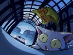  1boy car cat cityscape flying_sweatdrops hoshi_(star-name2000) motor_vehicle outdoors poster_(object) sweat wario wario_land wario_land_4 white_cat white_fur yellow_eyes 