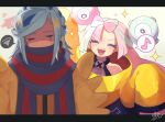  1boy 1girl 217_shion_407 aqua_hair blue_hair blush bow-shaped_hair closed_eyes dated grusha_(pokemon) highres iono_(pokemon) jacket long_hair long_sleeves multicolored_hair musical_note open_mouth pink_hair pokemon pokemon_(creature) pokemon_sv rotom rotom_phone scarf shaded_face sharp_teeth signature simple_background sleeves_past_fingers sleeves_past_wrists sparkle spoken_musical_note spoken_squiggle squiggle sweat teeth two-tone_scarf yellow_jacket 