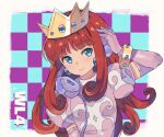  1girl blue_eyes bracelet checkered_background crown dress earrings elbow_gloves fq75017 gloves gold_bracelet headphones highres jewelry long_hair looking_at_viewer pink_dress pink_gloves princess_shokora puffy_short_sleeves puffy_sleeves redhead short_sleeves smile wario_land wario_land_4 