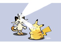  &gt;_&lt; &lt;|&gt;_&lt;|&gt; 2others :3 animal_ears blinding_light brown_stripes cat cat_ears circle_(pixiv620288) coin commentary_request curled_tail hand_on_own_face hand_up highres light_rays meowth multiple_others no_humans outstretched_arms pikachu pokemon pokemon_(creature) pokemon_rgby red_circle shadow signature simple_background sparkle sweat sweatdrop whiskers white_fur yellow_fur 