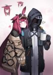  !? 1girl 1other absurdres animal_ears arknights black_gloves black_jacket black_shirt blush bubble_background coat cup doctor_(arknights) gloves gradient_background hand_on_another&#039;s_shoulder head_on_another&#039;s_shoulder headlamp heart highres holding holding_cup holding_hands hood hood_up hooded_jacket jacket kimsuwan2013 long_hair multicolored_hair purple_hair rabbit_ears ray_(arknights) shirt standing streaked_hair violet_eyes visor_cap yellow_gloves 