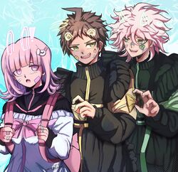  1girl 2boys :d ahoge alternate_costume backpack bag bow brown_eyes brown_hair danganronpa_(series) danganronpa_2:_goodbye_despair green_jacket grey_hair hair_ornament heart_o-ring highres hinata_hajime jacket komaeda_nagito long_sleeves looking_at_another medium_hair messy_hair multiple_boys nanami_chiaki pink_bow pink_hair rabbit_hair_ornament short_hair smile spiky_hair teeth upper_teeth_only vashapinkdream 