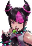  1girl bigdumsirk black_hair blunt_bangs bracelet breasts candy collar drill_hair fingerless_gloves food gloves glowing glowing_eye hair_horns han_juri highres jewelry lollipop looking_at_viewer medium_breasts multicolored_hair navel pink_eyes short_hair sidelocks smile solo spiked_bracelet spiked_collar spikes street_fighter street_fighter_6 street_fighter_iv_(series) tongue tongue_out twin_drills violet_eyes 