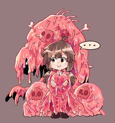  ... 1girl ahoge blush bone brown_eyes brown_footwear brown_hair coat employee_(project_moon) heart highres holding holding_heart liquid_clothes lirm_lc lobotomy_corporation looking_to_the_side low_twintails melting_love pants pink_coat pink_pants project_moon ribs shoes skull slime_(substance) solo speech_bubble twintails 