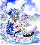  1girl ankle_socks blue_eyes blue_hair blush bow cirno clouds color_ink_(medium) commentary dress hair_bow highres holding_own_arm ice ice_wings kabaji lake mary_janes mountain open_mouth outdoors shikishi shoes short_hair signature sitting sky socks solo touhou traditional_media water wings 