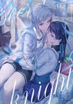  2girls black_shorts black_sports_bra blue_eyes blue_hair blue_jacket blue_ribbon blue_shorts bob_cut character_name circle_name closed_mouth collarbone commentary_request cover cover_page dark_blue_hair diagonal_bangs dollchestra dot_mouth doujin_cover english_text grey_hair group_name hair_half_undone hair_ornament hair_ribbon hand_on_another&#039;s_hip hand_on_another&#039;s_mouth highres hood hood_down hooded_jacket inverted_bob jacket kuziaaizuk link!_like!_love_live! long_hair long_sleeves looking_at_viewer love_live! mole mole_on_neck multicolored_clothes multicolored_hair multicolored_jacket multiple_girls murano_sayaka open_clothes open_jacket red_eyes redhead ribbon short_hair shorts sitting sitting_on_lap sitting_on_person sports_bra star_(symbol) star_hair_ornament streaked_hair tank_top two-tone_jacket virtual_youtuber white_jacket white_tank_top yugiri_tsuzuri yuri 