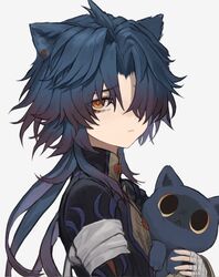  1boy absurdres animal animal_ears bandaged_arm bandaged_hand bandages blade_(honkai:_star_rail) blue_hair cat cat_boy cat_ears closed_mouth critter_pick_(honkai:_star_rail) ear_piercing geebee_79 grey_background hair_between_eyes hair_over_one_eye highres holding holding_animal holding_cat honkai:_star_rail honkai_(series) kemonomimi_mode long_hair long_sleeves looking_at_viewer male_focus multicolored_hair piercing red_eyes simple_background upper_body 