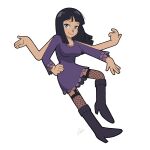  1girl beckoning black_footwear black_hair blue_eyes boots closed_mouth dark-skinned_female dark_skin dress english_commentary extra_arms fishnet_thighhighs fishnets hand_on_own_hip high_heel_boots high_heels highres long_hair looking_at_viewer nico_robin one_piece outstretched_hand purple_dress rizwan_rafiq simple_background smile solo solo_focus thigh-highs white_background 