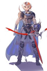  absurdres arm_shield armlet armor arrow_(projectile) bandana blue_bandana blue_cape bow bow_(weapon) bow_panties cape collared_shirt earrings expressionless final_fantasy final_fantasy_ii firion full_body gem highres holding holding_arrow holding_bow_(weapon) holding_weapon jewelry looking_at_viewer male_focus orange_bandana orange_eyes panties poleyn red_brooch red_gemstone sheath sheathed shirt short_hair spiked_pauldrons standing sword tokumei_wombat underwear weapon white_hair 