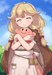  1girl absurdres anti-kirby blonde_hair blush braid brown_eyes brown_hair cameo cape closed_eyes closed_mouth commission dress faye_(fire_emblem) fire_emblem fire_emblem_echoes:_shadows_of_valentia highres holding jewelry kirby_(series) kutabireta_neko long_hair low-braided_long_hair low-tied_long_hair sky smile solid_oval_eyes sparkle the_legend_of_zelda the_legend_of_zelda:_link&#039;s_awakening twin_braids 