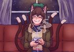  1girl animal_ear_fluff animal_ear_piercing animal_ears brown_hair brown_jacket brown_tail cat_ears cat_girl cat_tail chen closed_eyes closed_mouth couch cup earphones earphones earrings facing_viewer fingernails green_hat happy hat highres holding holding_cup jacket jewelry long_fingernails long_hair long_sleeves mob_cap mug multicolored_tail multiple_tails night night_sky on_couch open_clothes open_jacket otaeriaaoba red_nails shirt single_earring sitting sky smile solo star_(sky) steam tail touhou window window_blinds yellow_shirt 