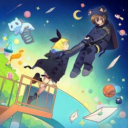  1boy 1girl animal_hood arm_up ball basketball_(object) black_hair blonde_hair blue_eyes boots bow can cat_hood collar commentary cosplay crescent_moon drink_can floating from_side full_body hair_between_eyes hair_bow hair_ornament hair_ribbon hairclip happy helmet highres holding_hands holostars hood jacket kagamine_rin kanade_izuru kanade_izuru_(1st_costume) kanade_izuru_(cosplay) letter lightning_bolt_hair_ornament lightning_bolt_symbol long_sleeves mono_(bluesky) moon open_mouth padded_jacket profile ribbon short_hair shorts sky smile space_helmet spiked_collar spikes star_(symbol) symbol-only_commentary traffic_cone two-sided_fabric two-sided_jacket violet_eyes virtual_youtuber vocaloid 