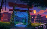 architecture building crescent_moon east_asian_architecture flower grass highres jubilee_(8pxl) lantern moon night night_sky no_humans original outdoors pixel_art plant power_lines scenery sky torii twilight vines