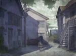  1boy building clouds cloudy_sky door highres house keishi109 original outdoors power_lines scenery shadow sky solo stairs town utility_pole 