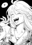  1girl closed_eyes fate/grand_order fate_(series) greyscale happy highres kukulkan_(fate) kukulkan_(first_ascension)_(fate) long_hair mexican_dress monochrome nemissa1 sharp_teeth solo teeth 