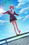  1girl balancing barefoot blue_sky bow bowtie clouds collared_shirt commentary_request full_body gridman_universe highres jacket looking_at_viewer miniskirt open_mouth orange_eyes outdoors outstretched_arms pink_hair pleated_skirt railing shinjou_akane shirt short_hair skirt sky smile soles solo spread_arms ssss.gridman toes ueda_metawo 