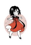  1girl absurdres black_hair chibi chinese_clothes dress fatrabbitr flower hair_flower hair_ornament hanfu highres open_mouth outstretched_arms qixiong_ruqun rose ruby_rose ruqun rwby rwby_chibi shoes short_hair smile sneakers solo white_eyes white_flower white_rose 
