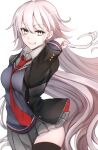  1girl ahoge alternate_hair_length alternate_hairstyle black_jacket black_thighhighs buttons cardigan collared_shirt commentary_request fate/grand_order fate_(series) fufufu_hehehe grey_cardigan grey_skirt grin hair_between_eyes highres jacket jeanne_d&#039;arc_alter_(fate) long_hair long_sleeves looking_at_viewer necktie official_alternate_costume open_clothes open_jacket pleated_skirt red_necktie school_uniform shirt simple_background skirt smile solo thigh-highs uniform very_long_hair white_background white_shirt yellow_eyes 